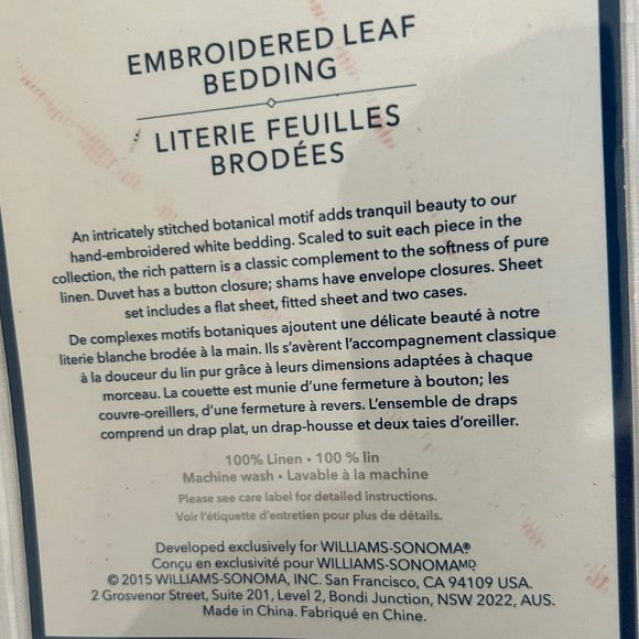 WILLIAMS SONOMA HOME EMBROIDERED LEAF BEDDING NWT SHAM AND PILLOWCASES RARE - Picture 4 of 6